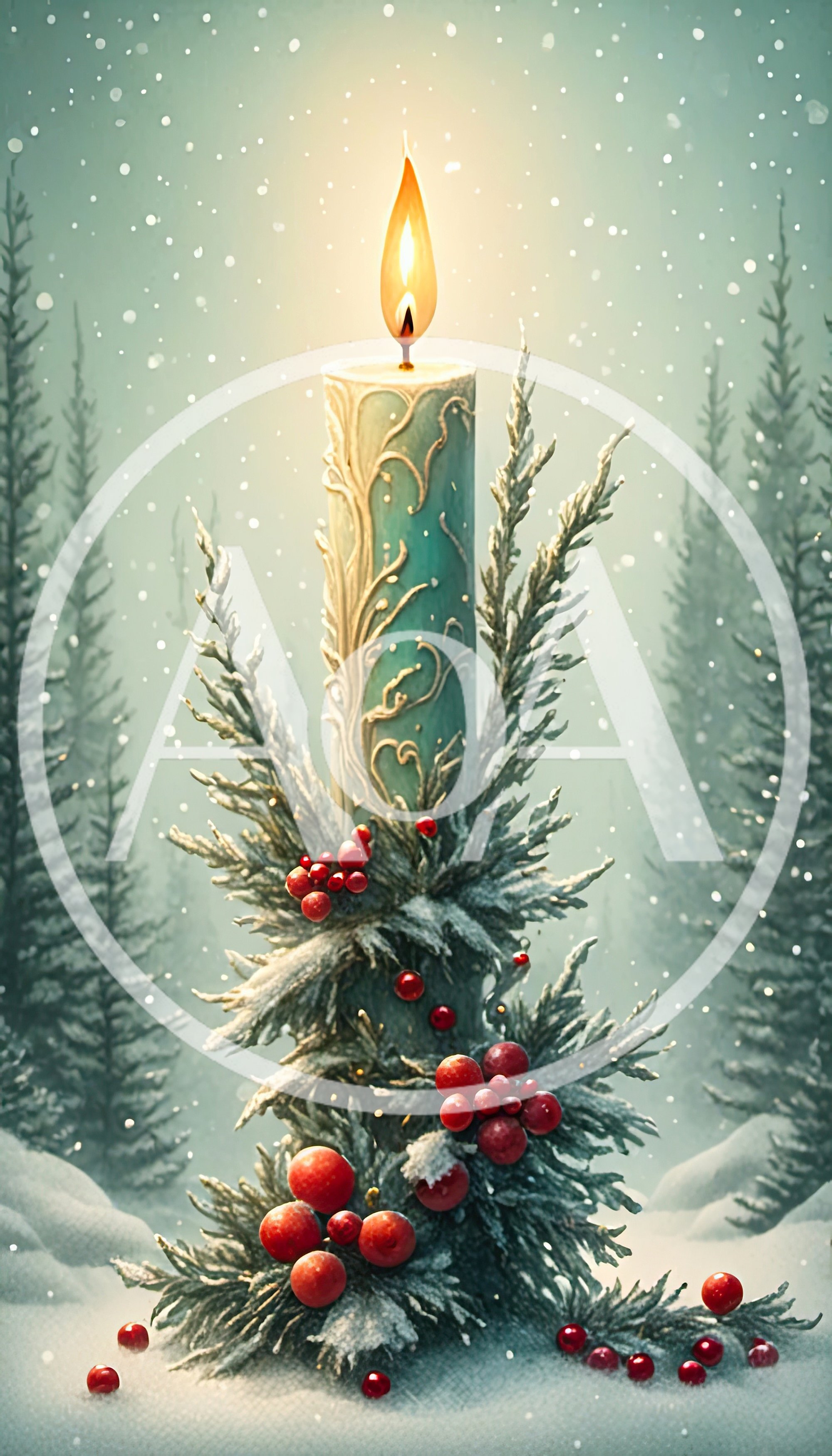 Christmas Candle With Pine Branches And Red Berries