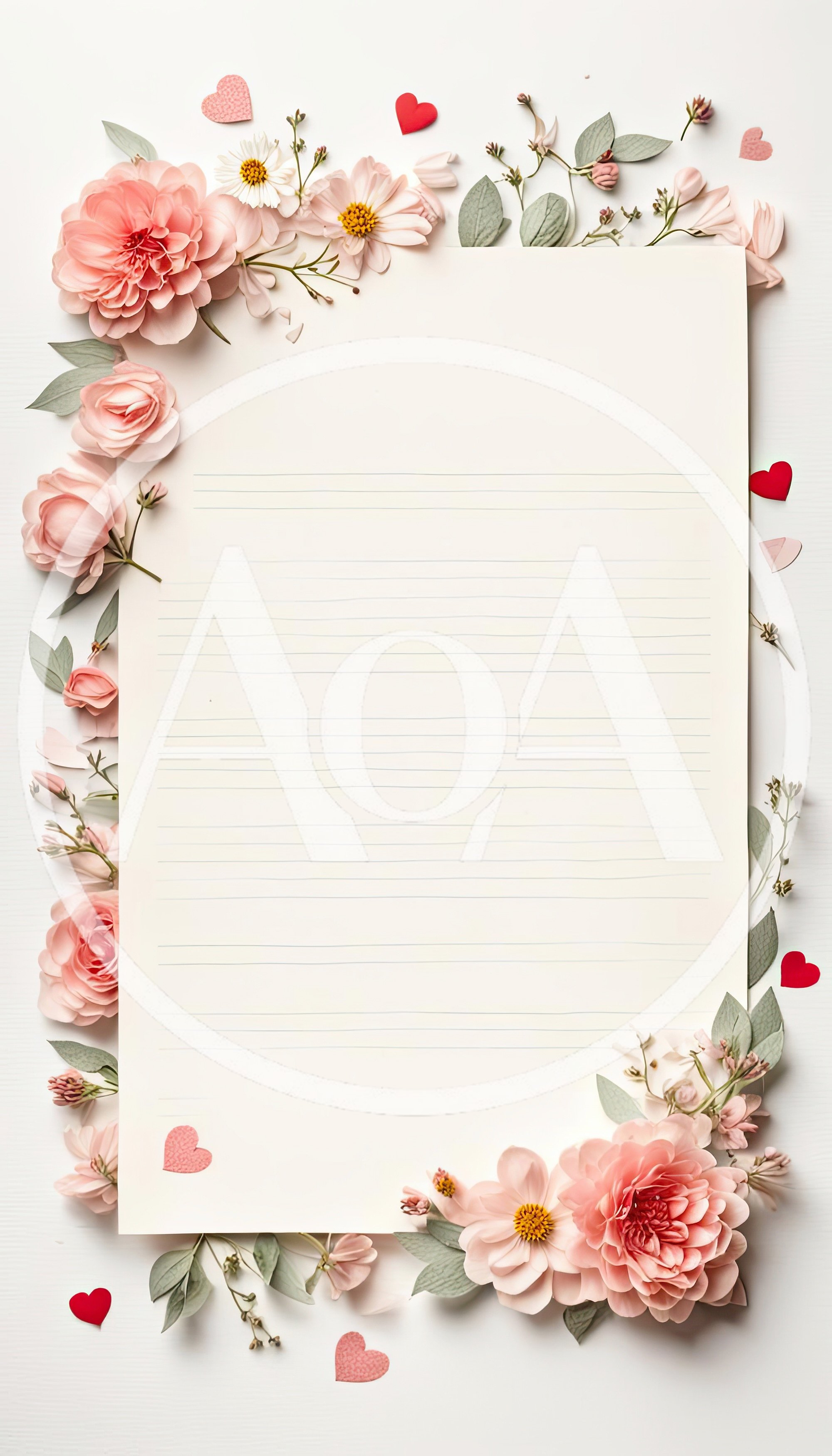 Blank Lined Stationery Paper Decorated With Pink Flowers