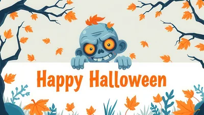 Cartoon Zombie Peeking Over Happy Halloween Sign