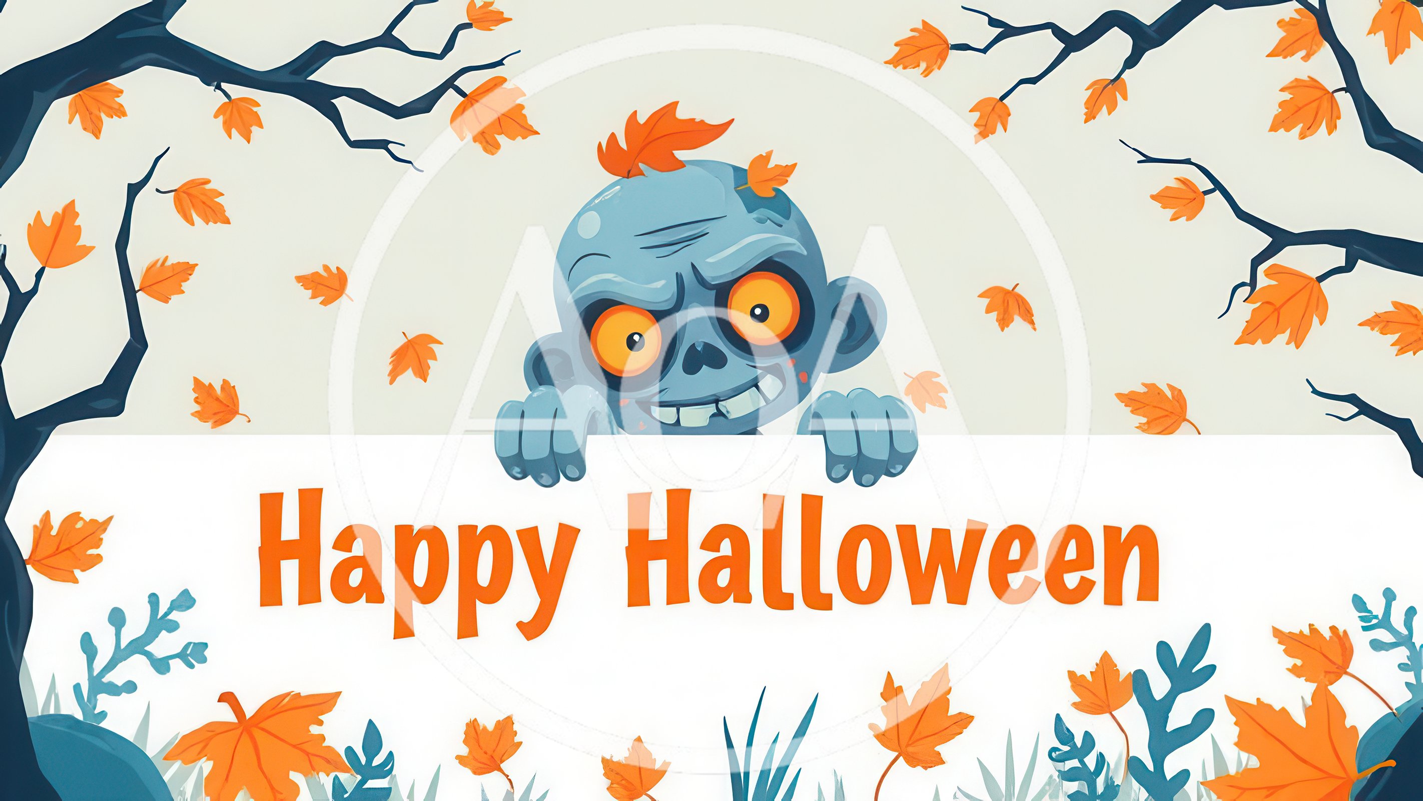 Cartoon Zombie Peeking Over Happy Halloween Sign