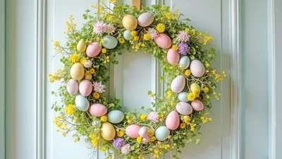 Easter Wreath With Pastel Eggs And Spring Flowers