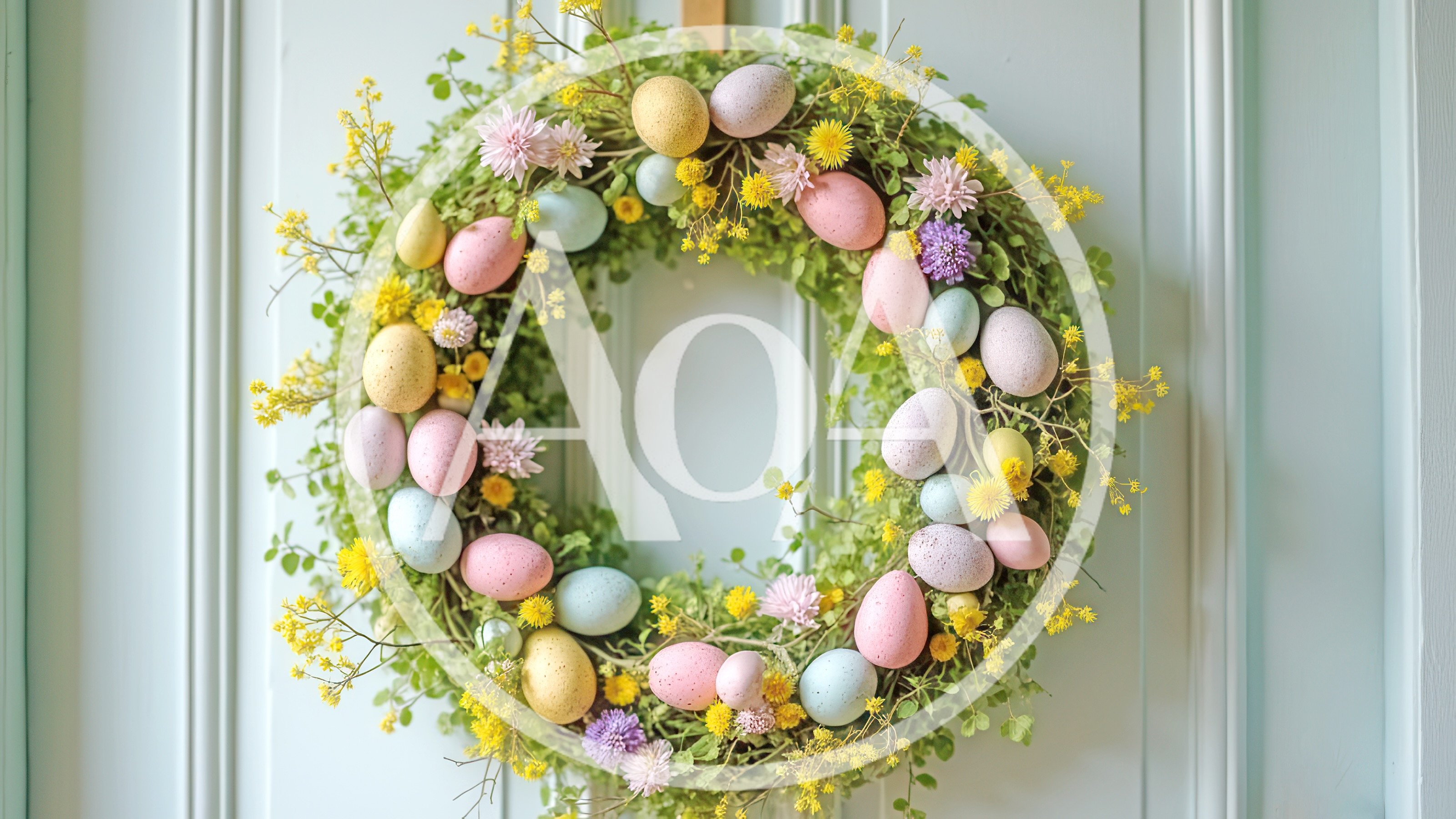 Easter Wreath With Pastel Eggs And Spring Flowers