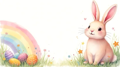 Cute Easter Bunny With Colorful Eggs And Rainbow