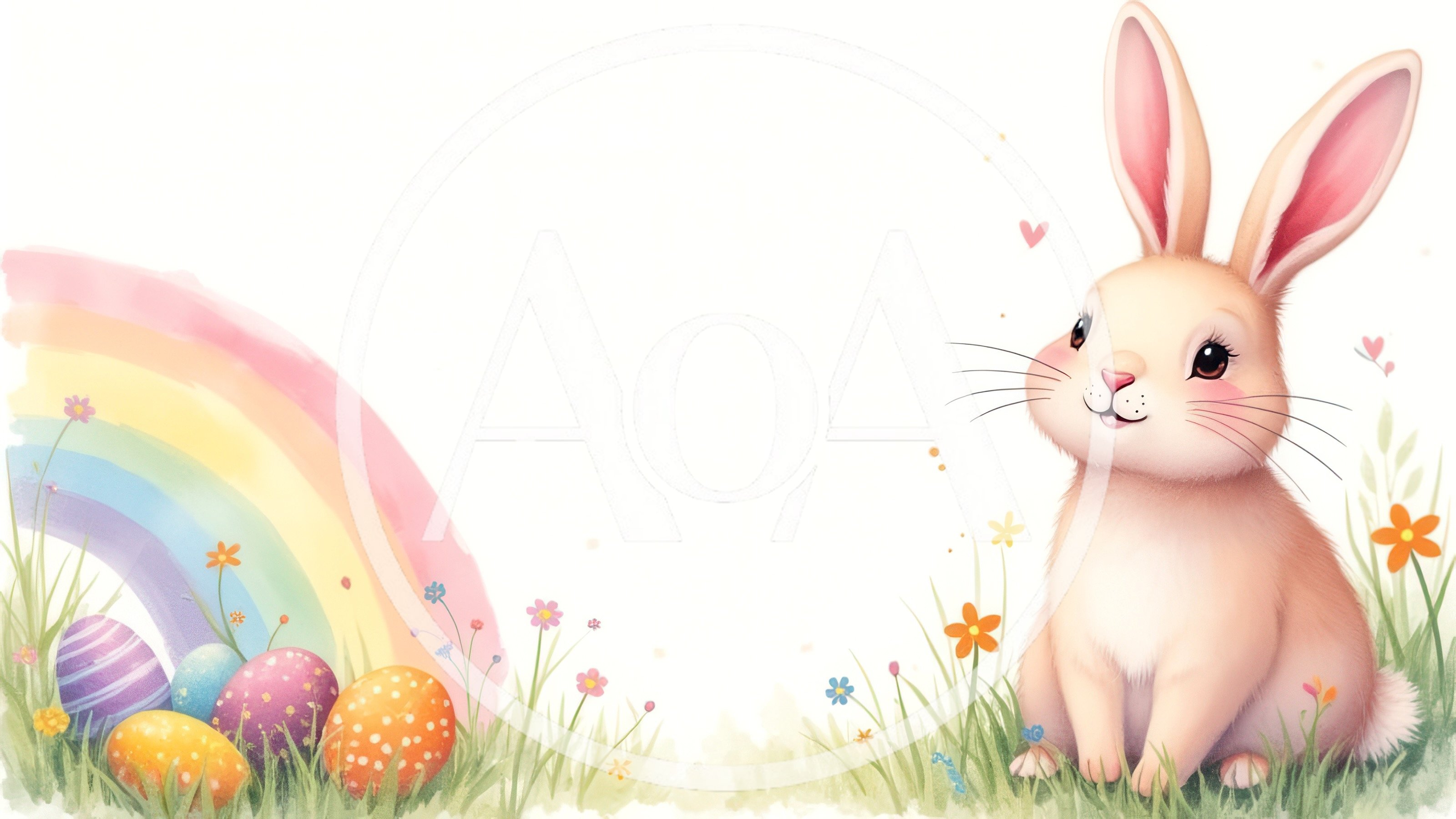 Cute Easter Bunny With Colorful Eggs And Rainbow