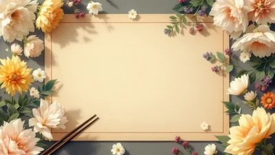 Blank Paper Frame Decorated With Dahlias And Chopsticks