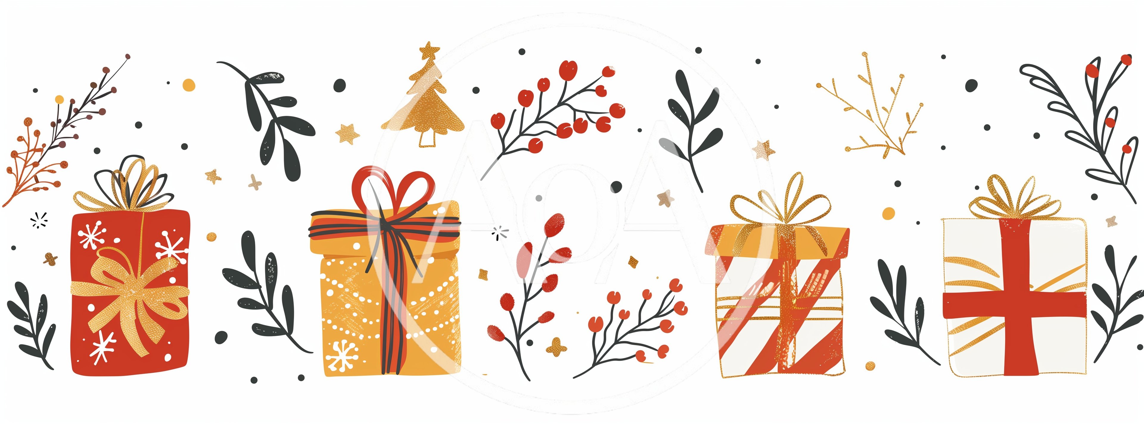 Christmas Holiday Gift Boxes And Festive Botanical Elements