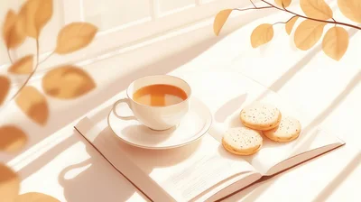 Tea Cup And Cookies On An Open Book