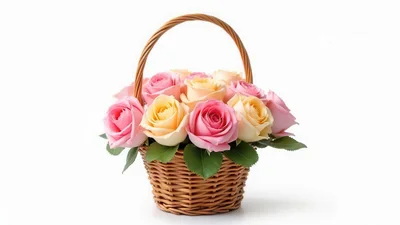Wicker Basket Filled With Pink And Yellow Roses
