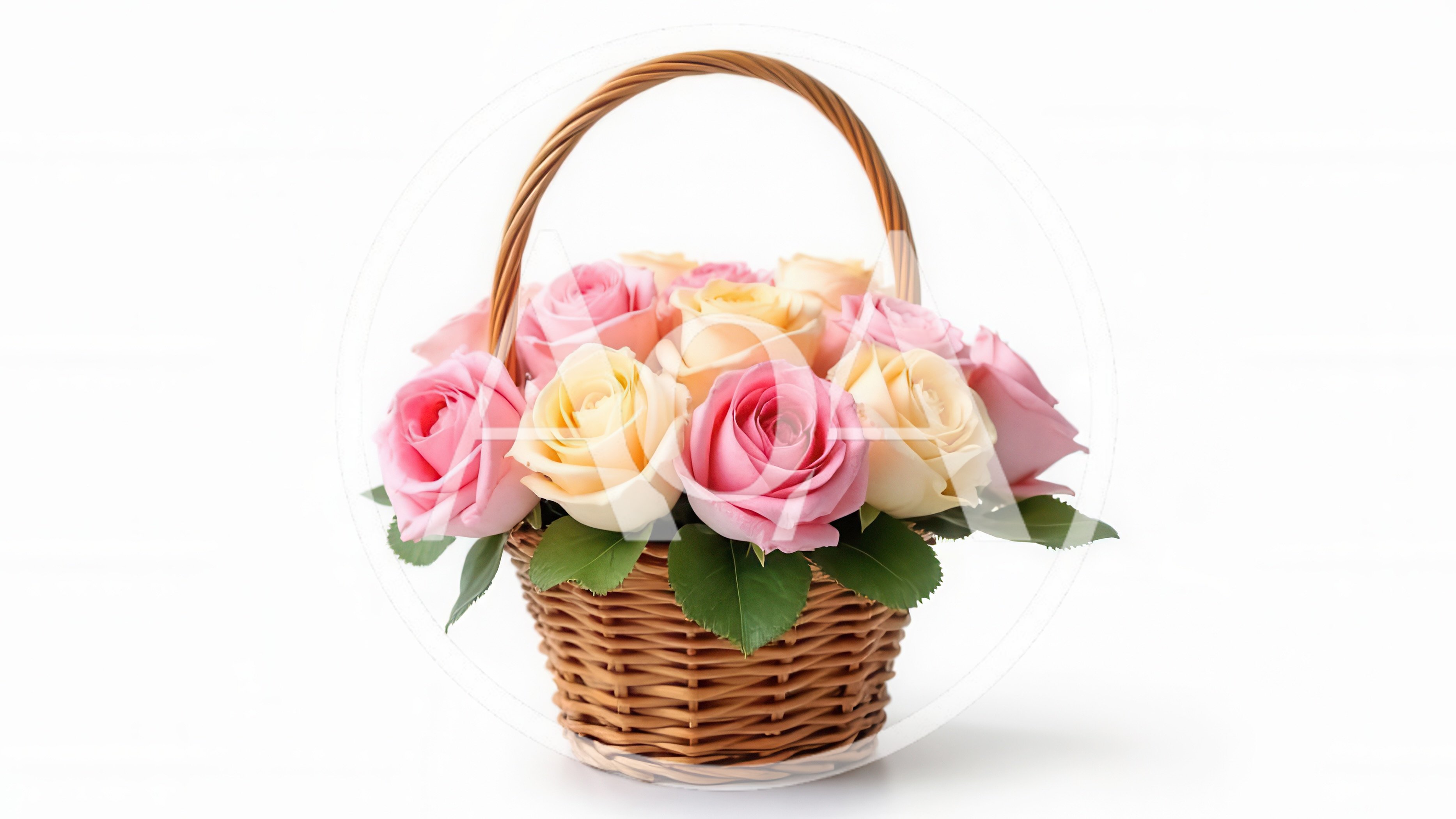 Wicker Basket Filled With Pink And Yellow Roses