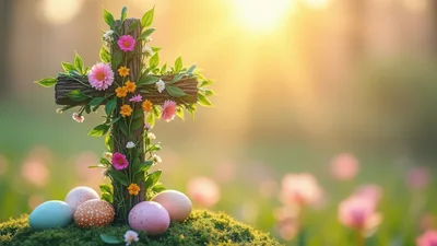 Easter Cross Decorated With Flowers And Painted Eggs