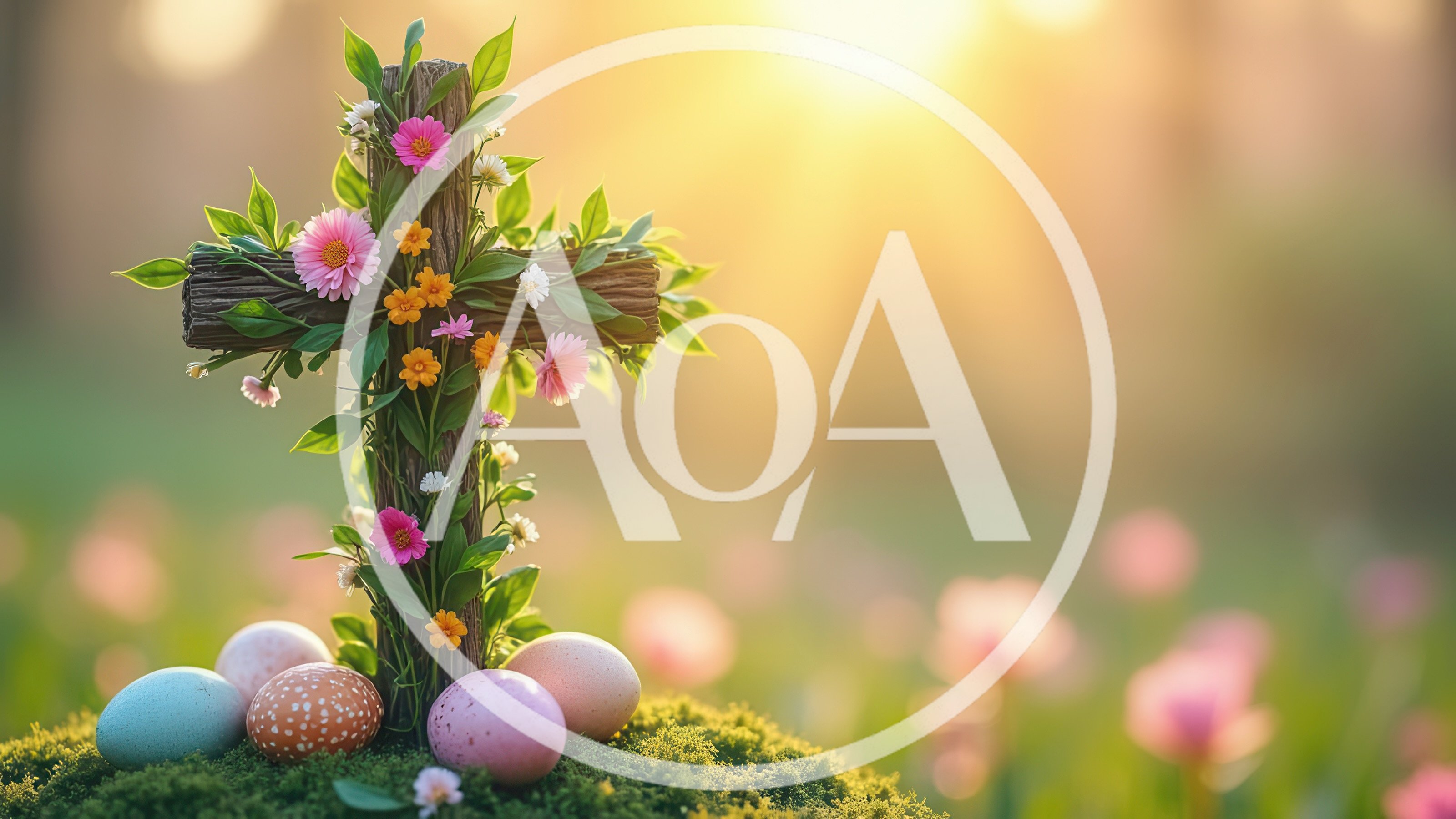 Easter Cross Decorated With Flowers And Painted Eggs