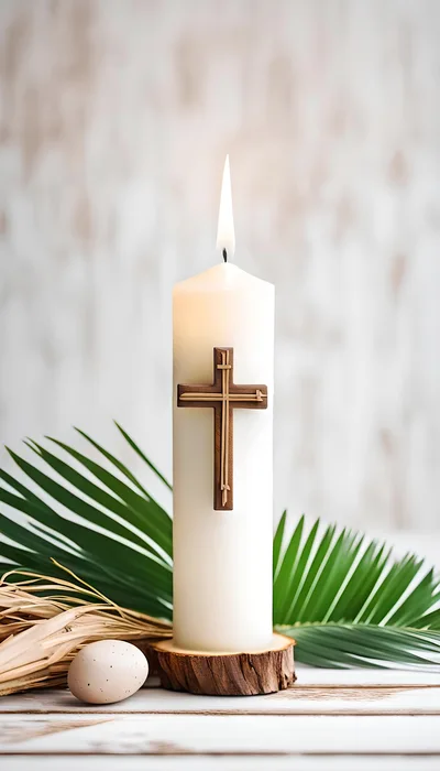 Lit Candle With Wooden Cross And Palm Leaves