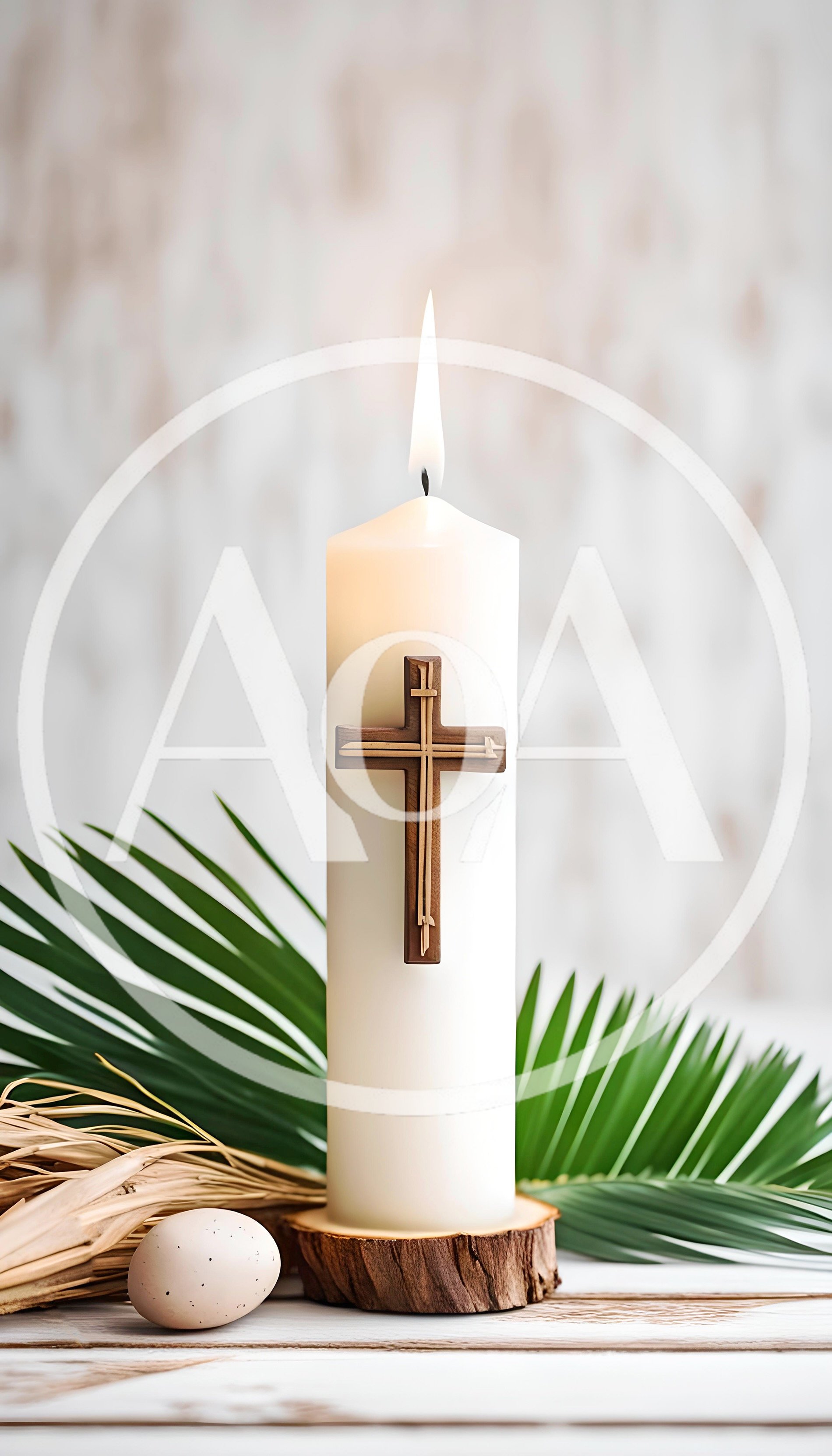 Lit Candle With Wooden Cross And Palm Leaves