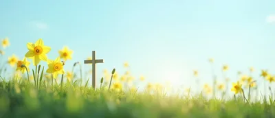 Wooden Christian Cross Standing In A Field Of Daffodils