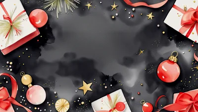 Christmas Gift Boxes and Ornaments on Black Background
