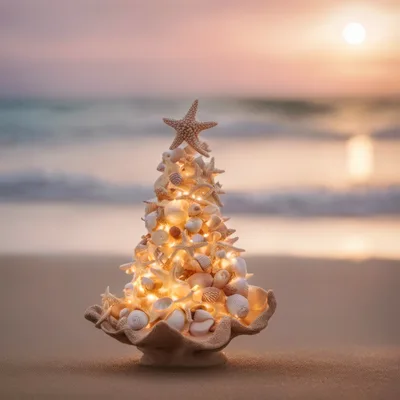 Seashell Christmas Tree Decoration On Sandy Beach