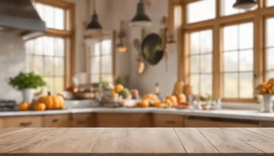 Wooden Kitchen Countertop With Blurred Autumnal Background