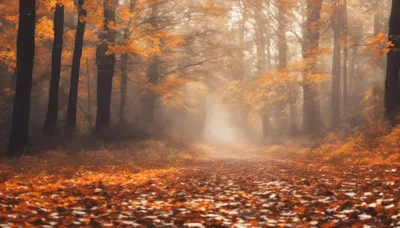 Misty Autumn Forest Path With Golden Foliage