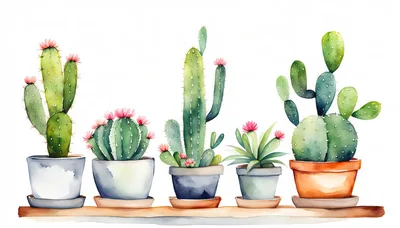 Watercolor Illustration Of Five Potted Cacti