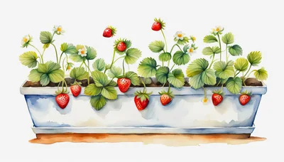 Watercolor Illustration Of Strawberry Plants In A Planter