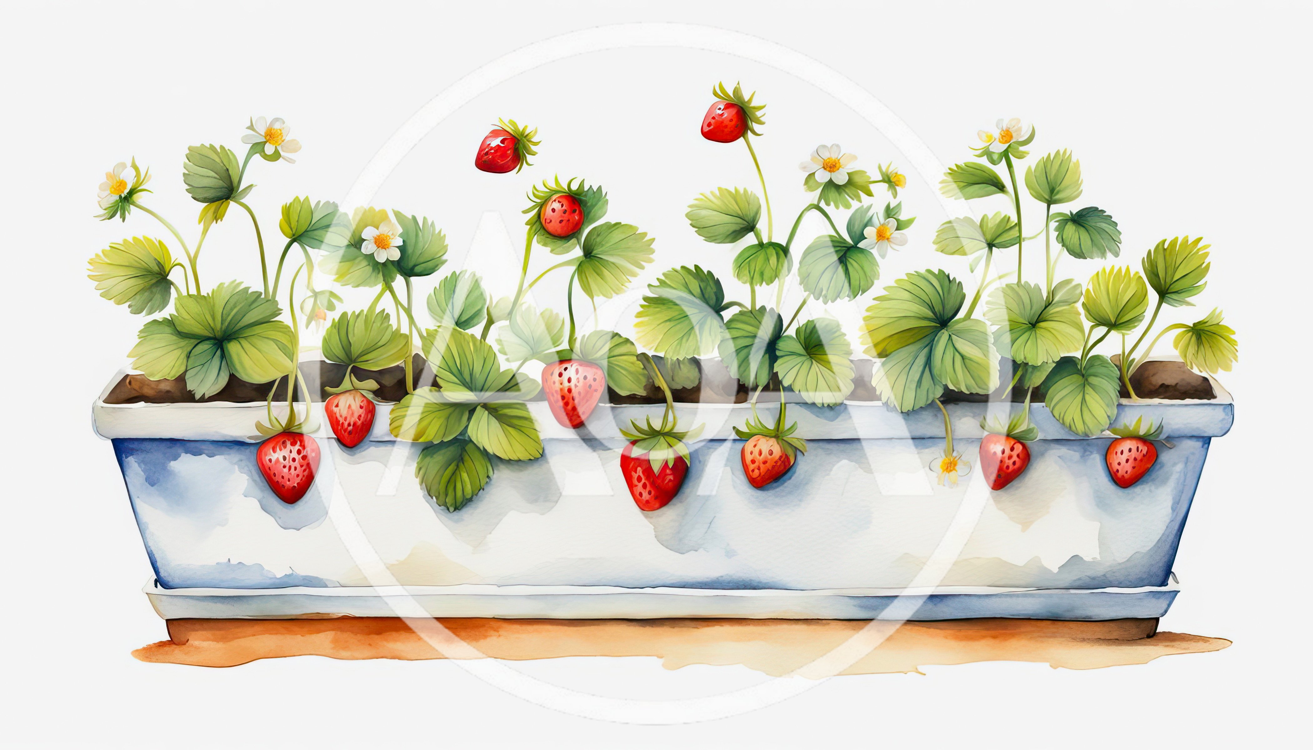 Watercolor Illustration Of Strawberry Plants In A Planter