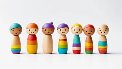 Seven Colorful Wooden Peg Dolls Standing In A Row