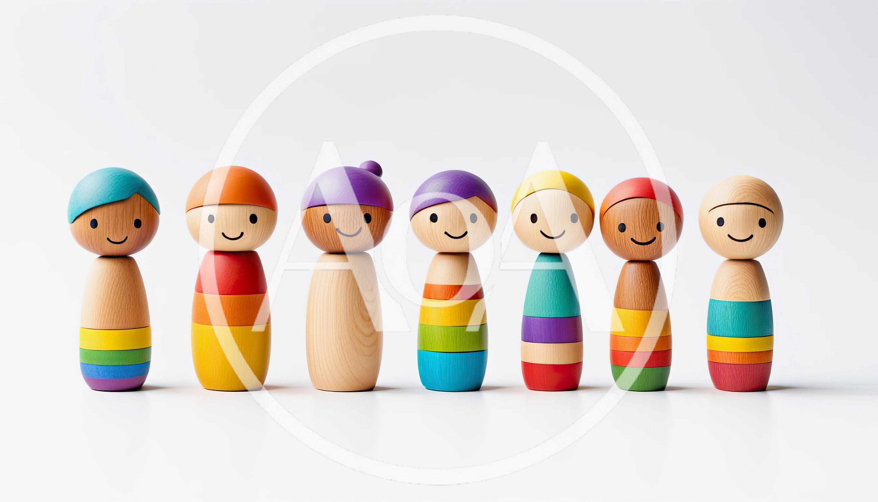 Seven Colorful Wooden Peg Dolls Standing In A Row