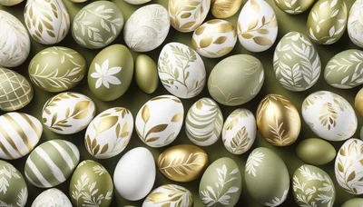 Decorative Easter Eggs With Botanical Gold And Green Patterns