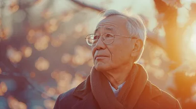 Elderly Asian Man Looking Upwards Outdoors