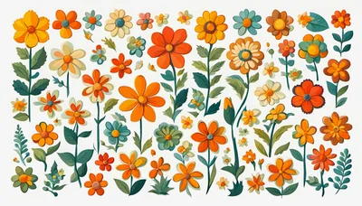 Collection of Hand Drawn Retro Style Floral Illustrations