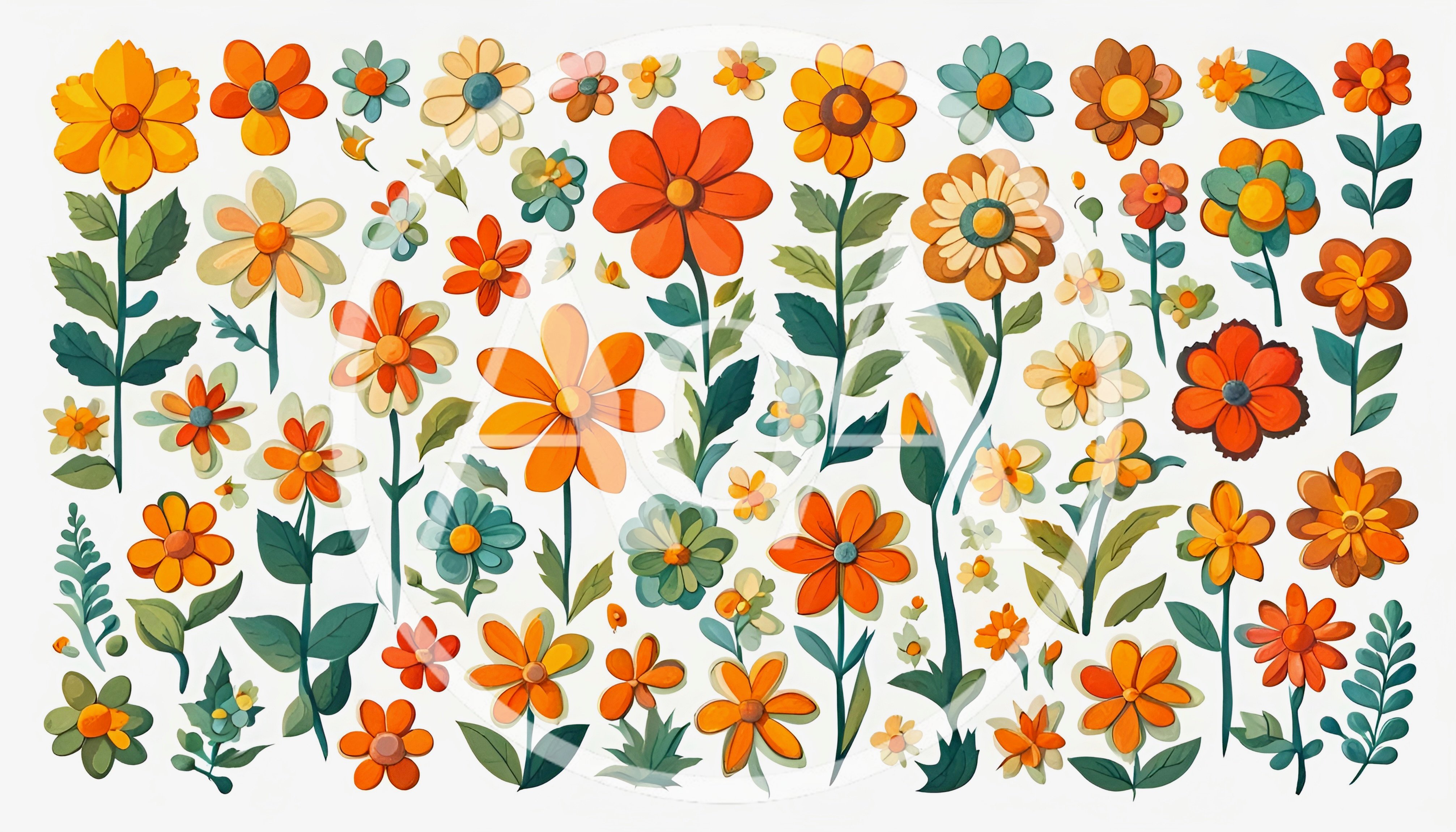 Collection of Hand Drawn Retro Style Floral Illustrations