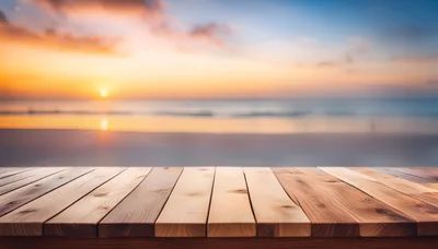 Wooden Table Surface Overlooking A Tropical Beach Sunset