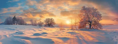 Winter Landscape With Frost Covered Trees At Sunset