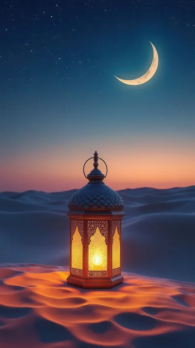 Glowing Ramadan Lantern On Desert Sand Dunes