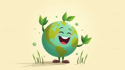 Happy Cartoon Earth Character With Green Leaves