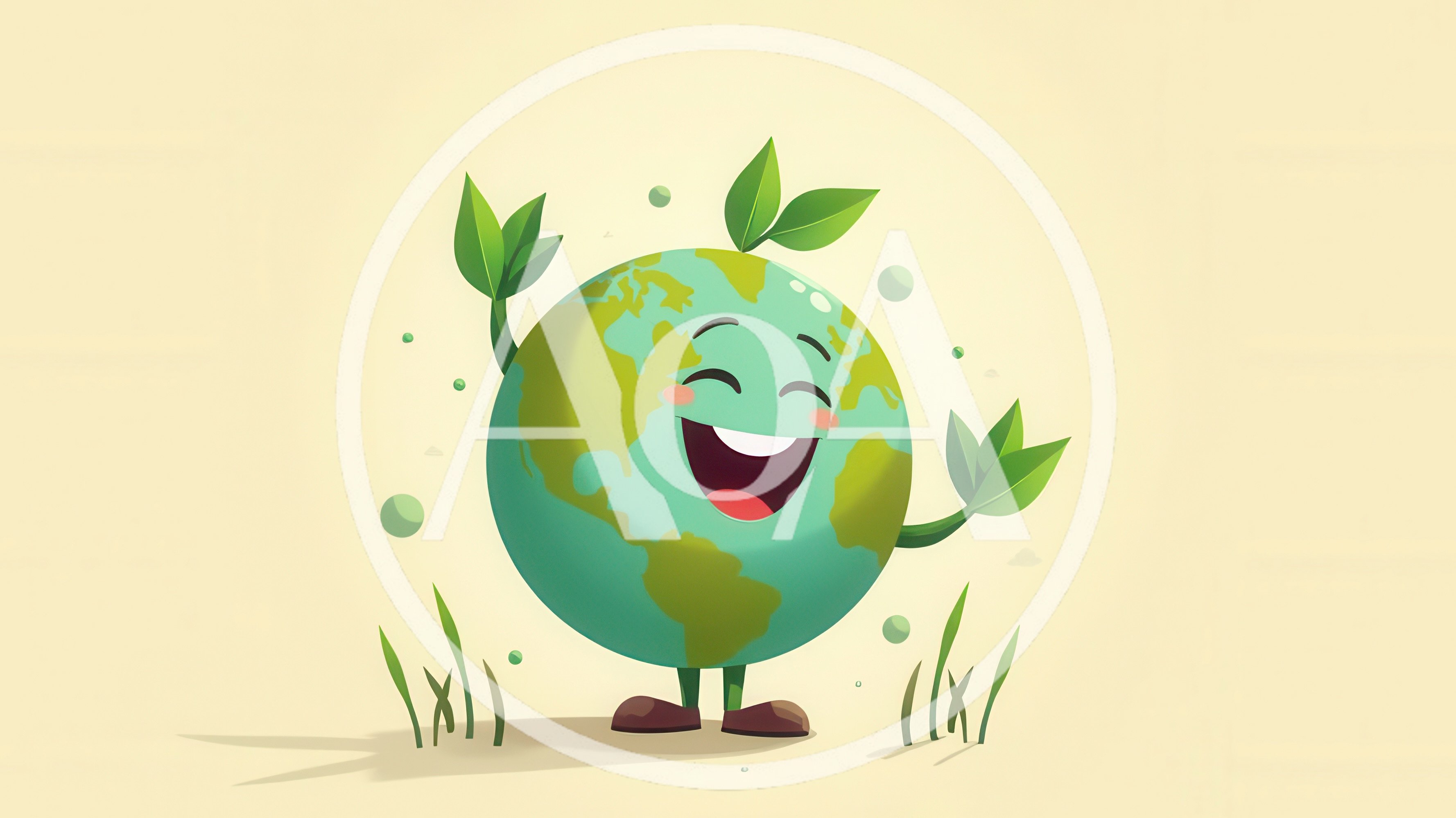 Happy Cartoon Earth Character With Green Leaves