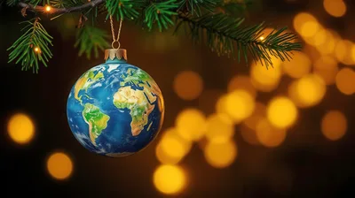 Earth Globe Christmas Ornament Hanging On Pine Branch