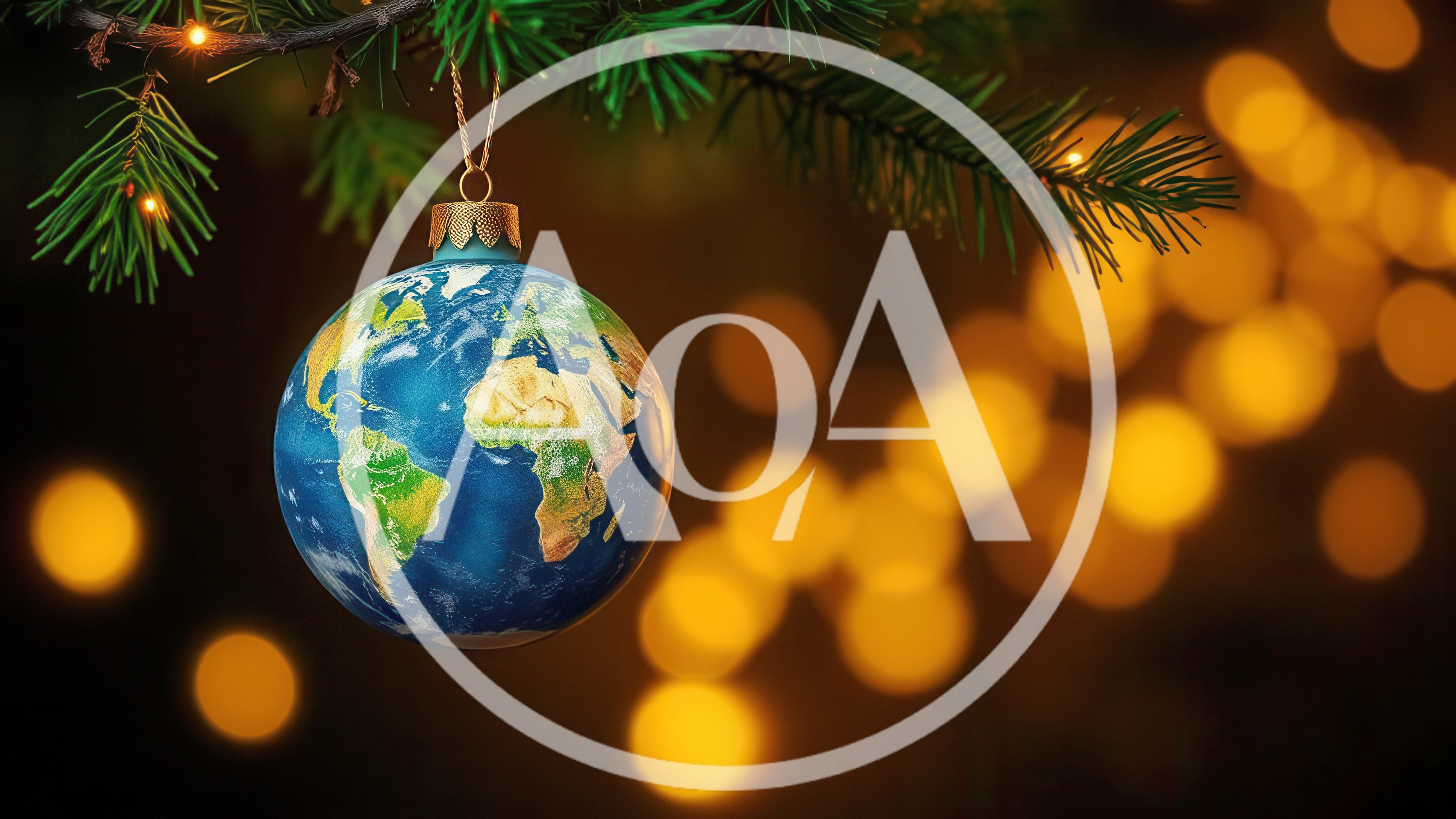 Earth Globe Christmas Ornament Hanging On Pine Branch