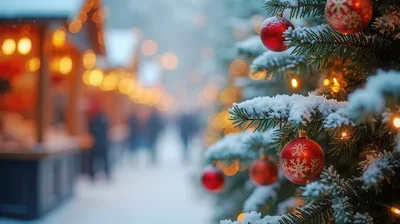 Snow Covered Christmas Tree With Red Ornaments