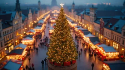 Illuminated Christmas Tree Overlooking A Festive European Market