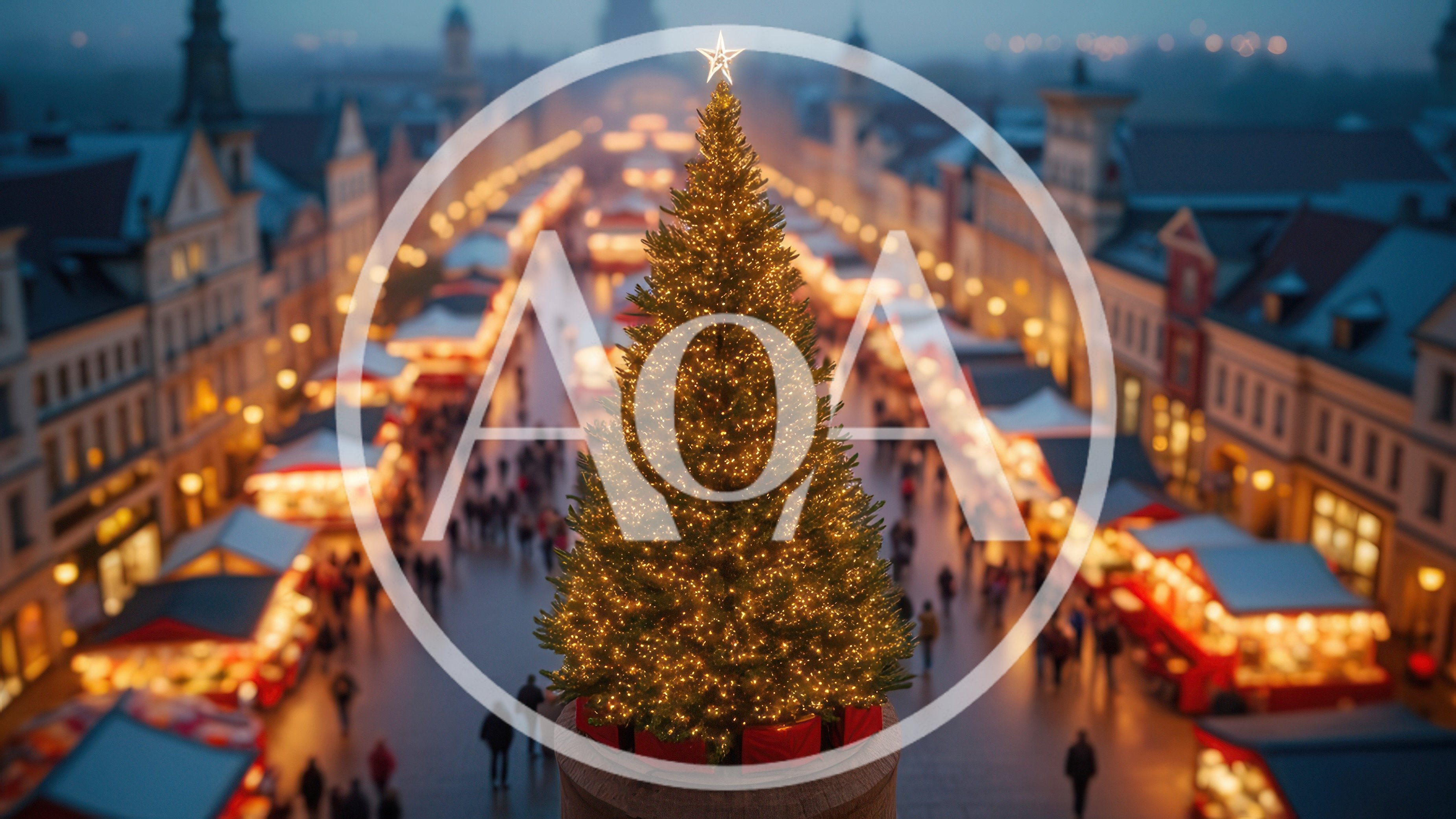 Illuminated Christmas Tree Overlooking A Festive European Market
