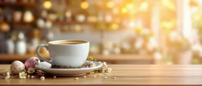 Coffee Cup With Easter Eggs And Flowers