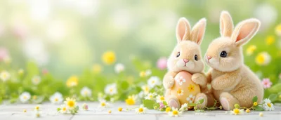 Two Cute Fluffy Bunnies With A Decorated Easter Egg