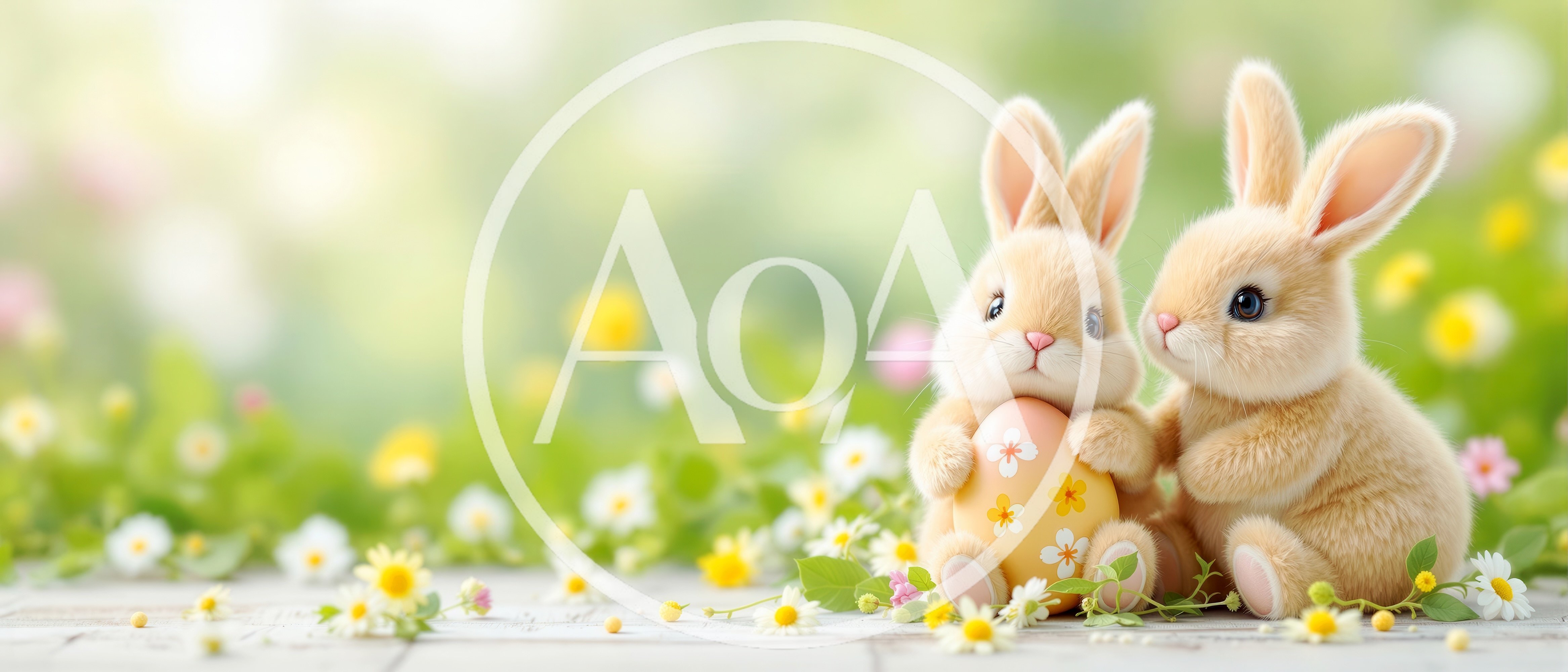 Two Cute Fluffy Bunnies With A Decorated Easter Egg