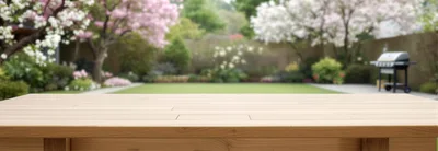 Wooden Table Surface Overlooking A Spring Garden