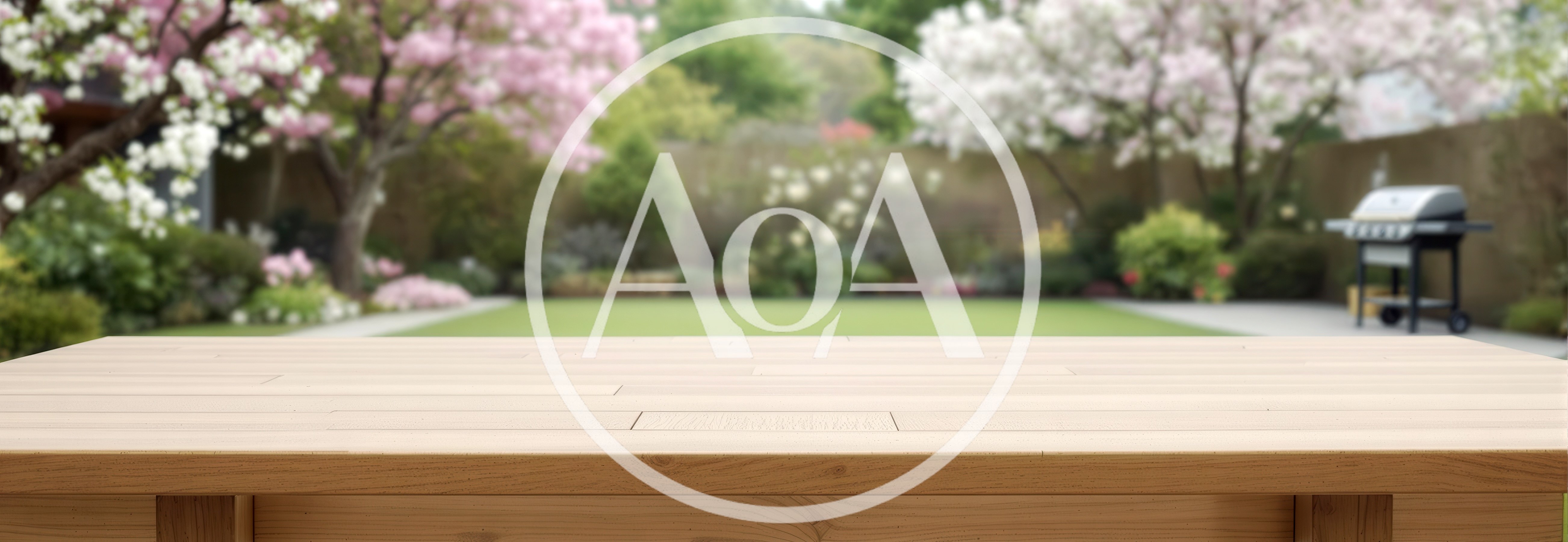Wooden Table Surface Overlooking A Spring Garden