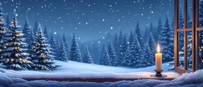Lit Candle on Window Sill Overlooking Snowy Winter Forest