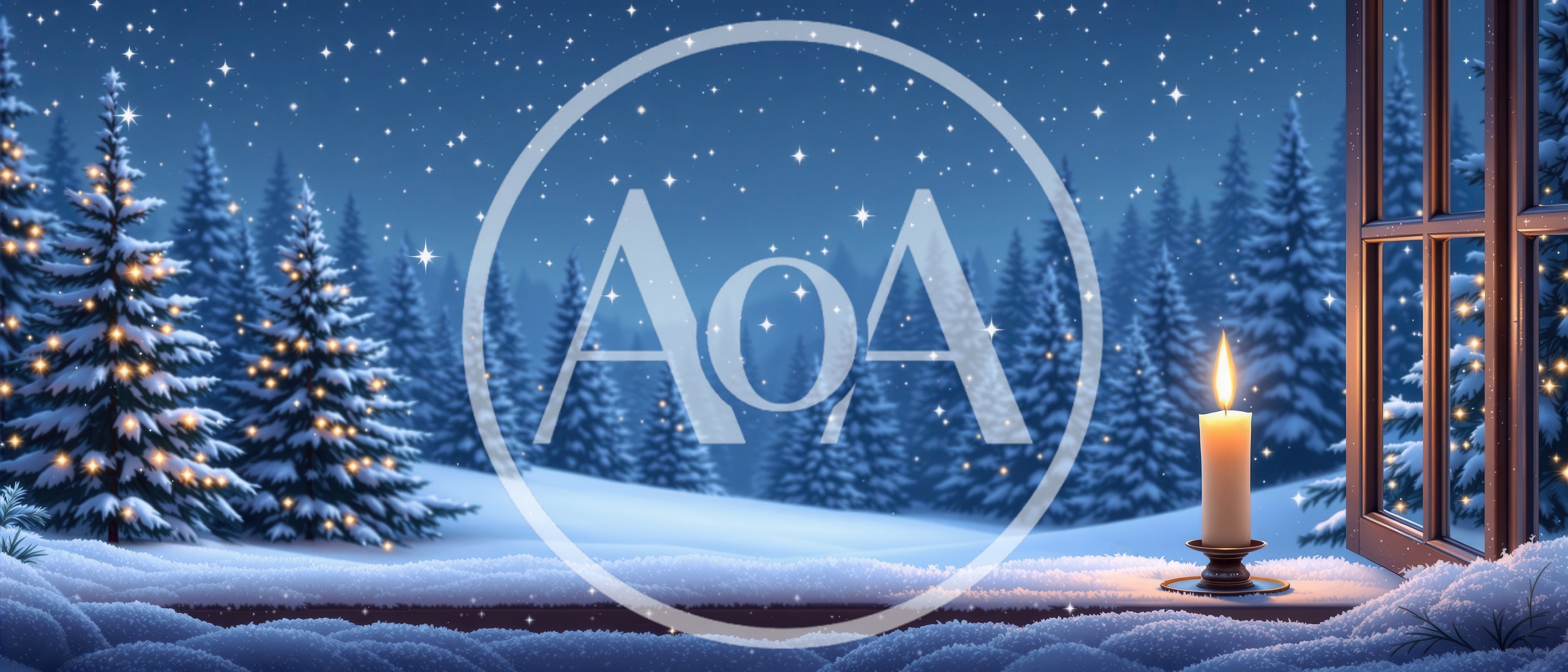 Lit Candle on Window Sill Overlooking Snowy Winter Forest