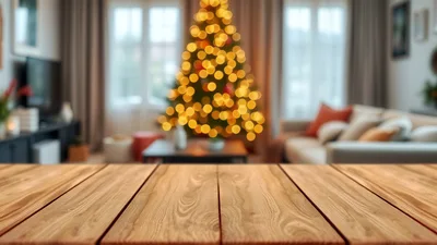 Wooden Table Surface With Blurred Christmas Living Room Background