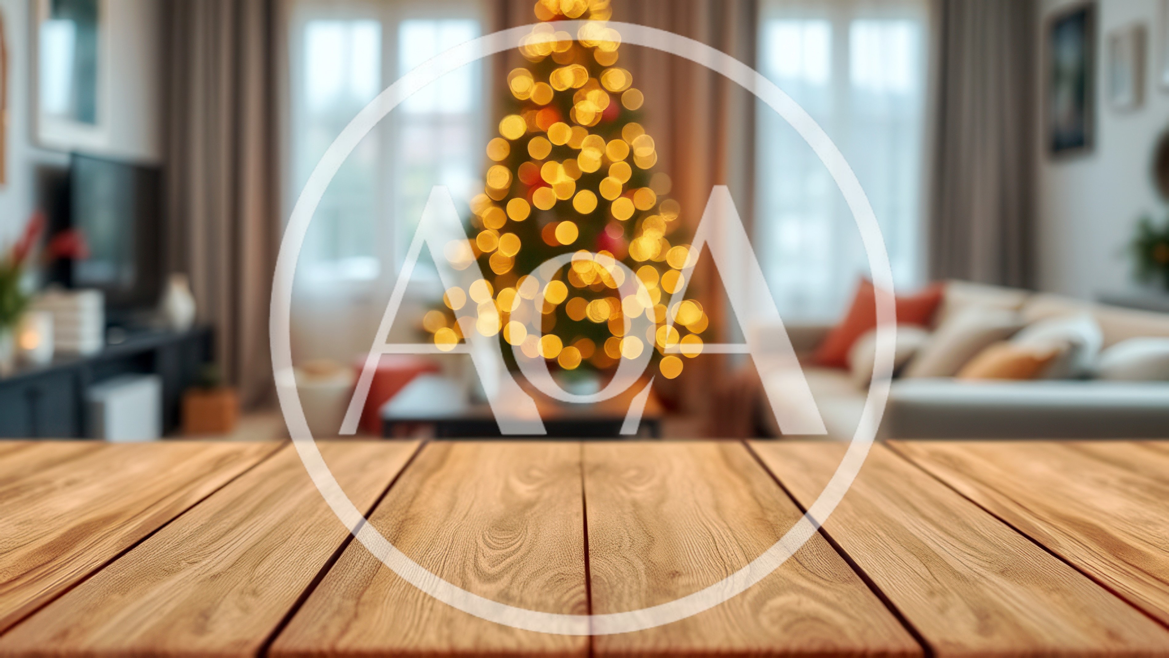 Wooden Table Surface With Blurred Christmas Living Room Background